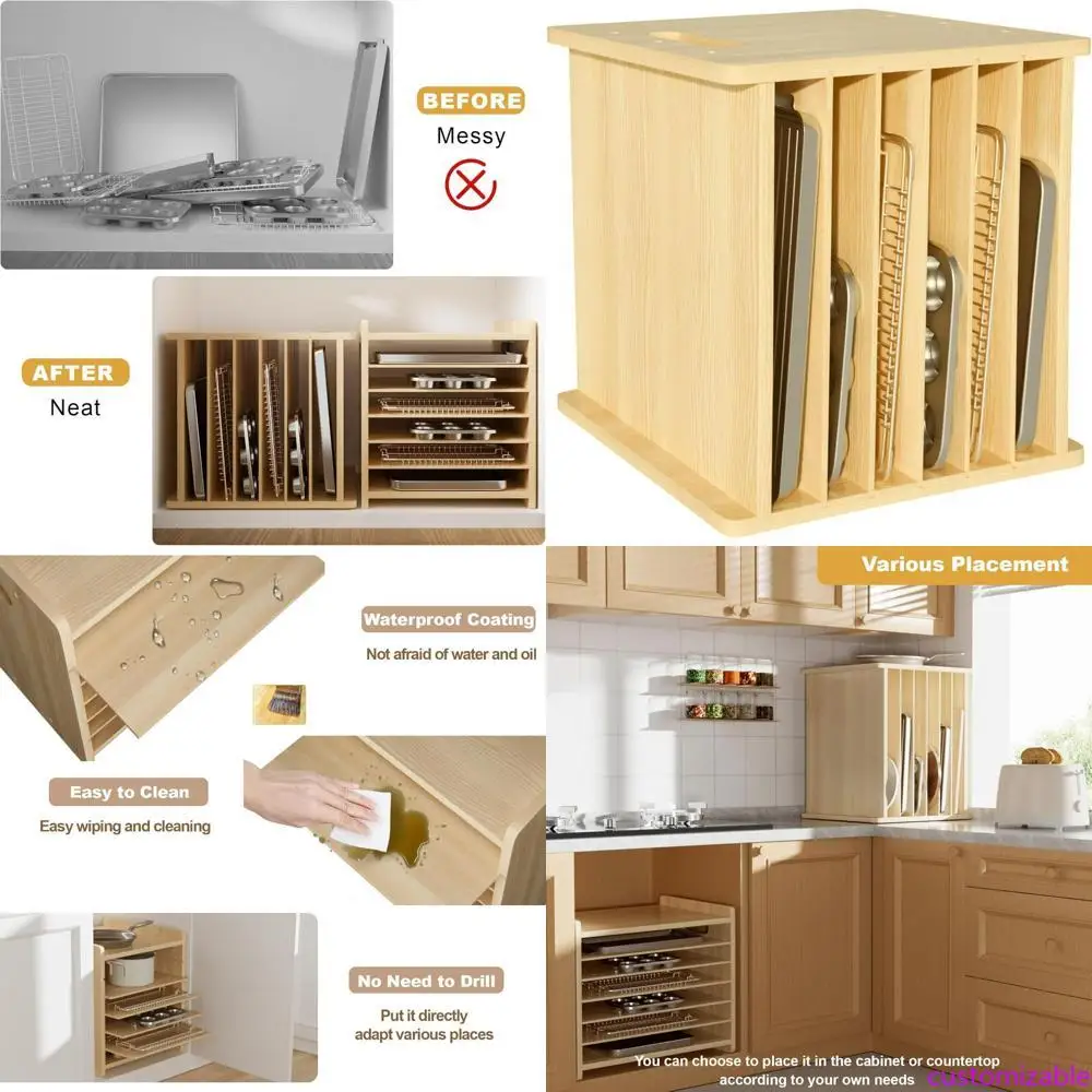 Kitchen Baking Pan Organizer - Wooden 7-Tier Cabinet Dividers for Pots,